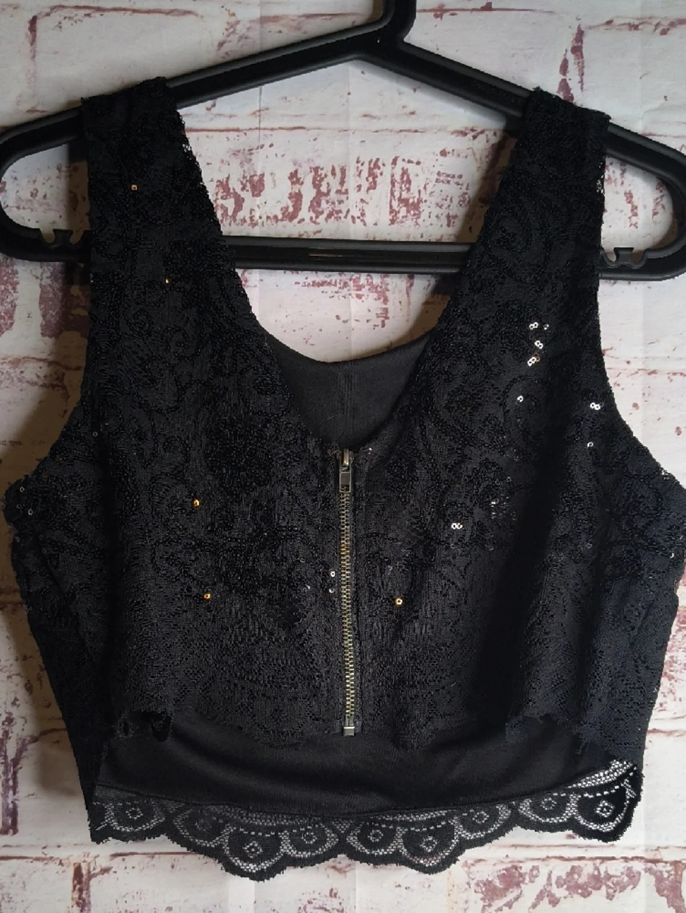 Black Lace Sequin Cropped Tank Top Woman's Small - Picture 2 of 4